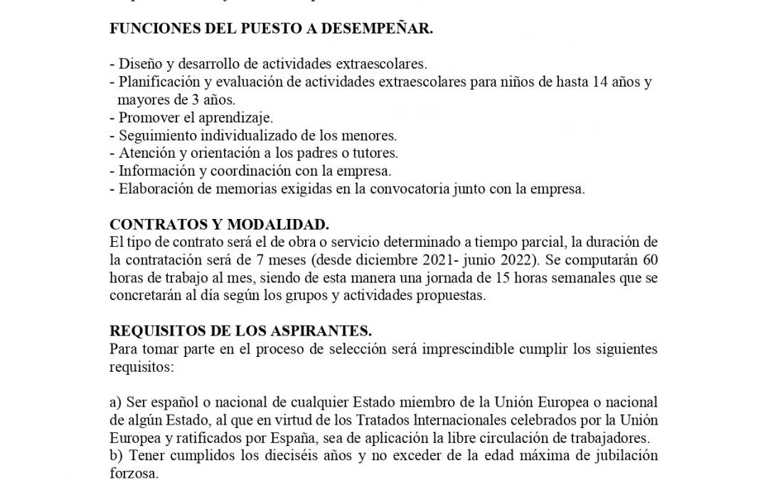OFERTA DE EMPLEO DE 2 MONITORES/AS DE ACTIVIDADES EXTRAESCOLARES EN NERPIO