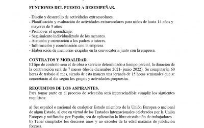 OFERTA DE EMPLEO DE 2 MONITORES/AS DE ACTIVIDADES EXTRAESCOLARES EN NERPIO